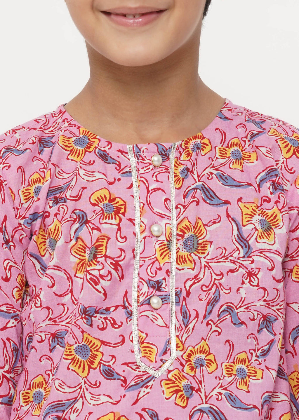Little Bansi Boys Cotton Block Print Floral Kurta with Pearl Buttons & Pyjama in Pink & Cream