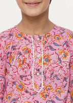 Little Bansi Boys Cotton Block Print Floral Kurta with Pearl Buttons & Pyjama in Pink & Cream