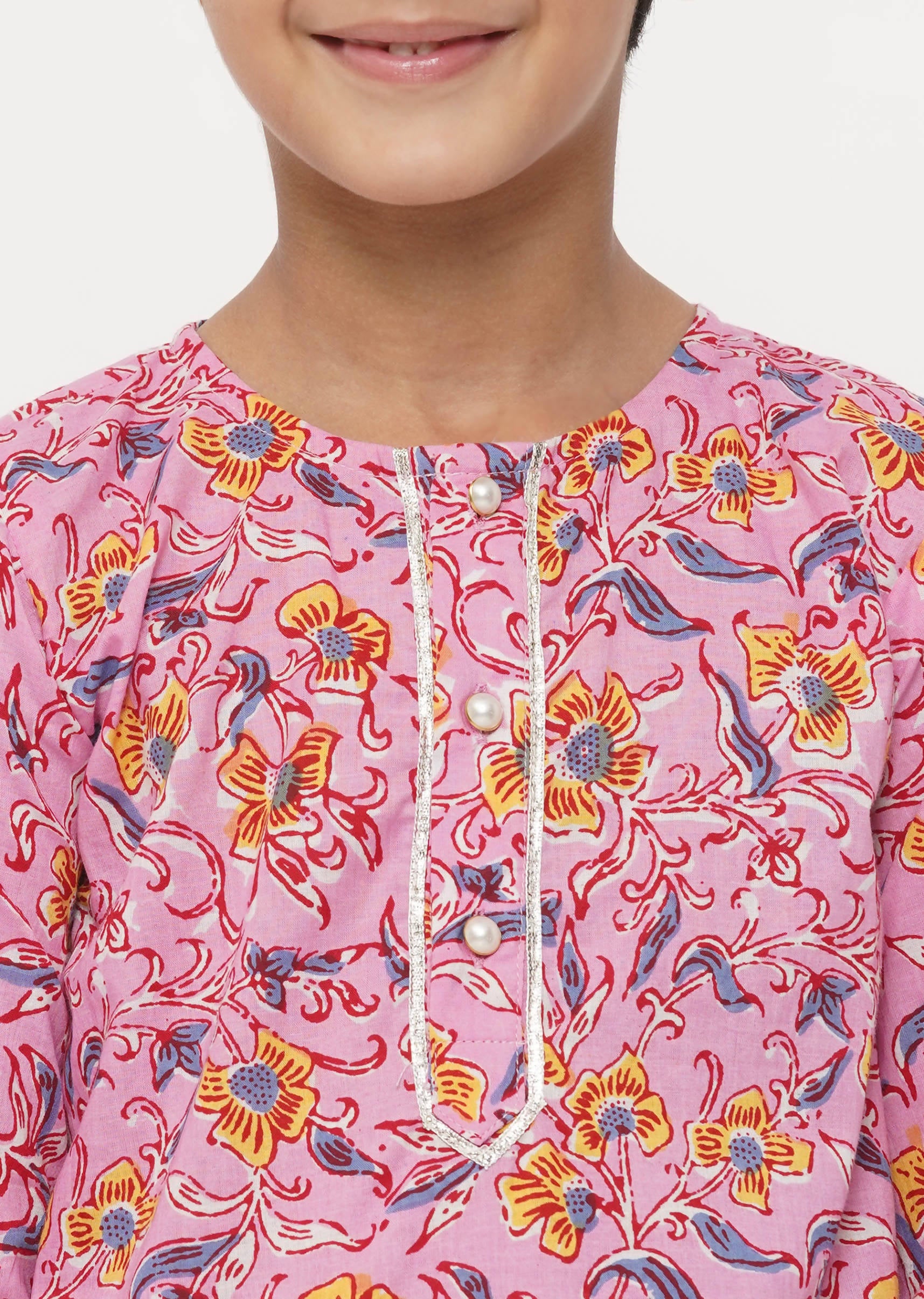 Little Bansi Boys Cotton Block Print Floral Kurta with Pearl Buttons & Pyjama in Pink & Cream