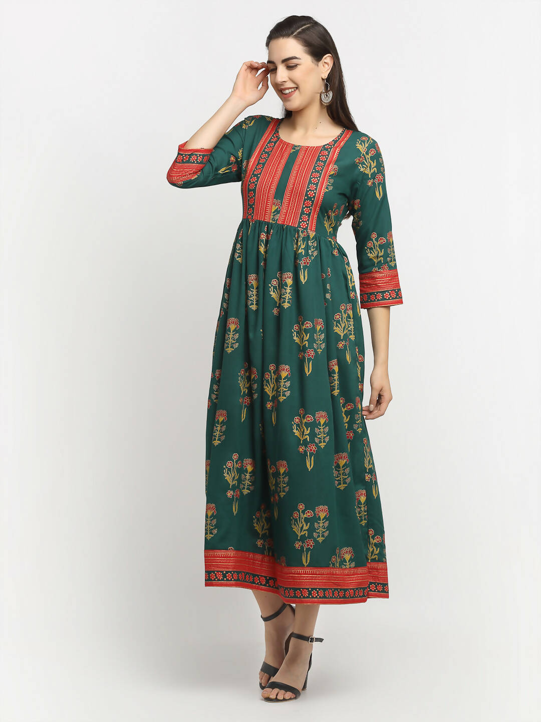 Rudra Bazaar Green Yoke Designed Flared Ethnic Kurta - Distacart