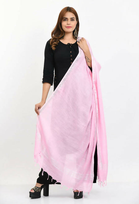 Mominos Fashion Moeza Women's Linen Cotton Silver Border Baby Pink Dupatta