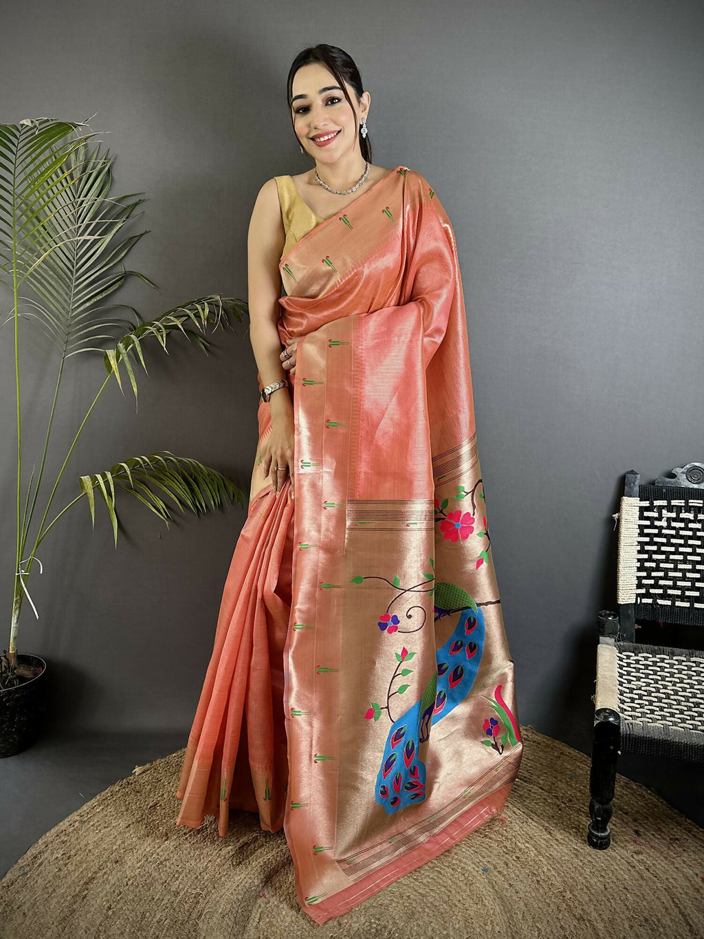 Joban Fashion Light Orange Peacock & Floral Motifs Tissue Paithani Saree