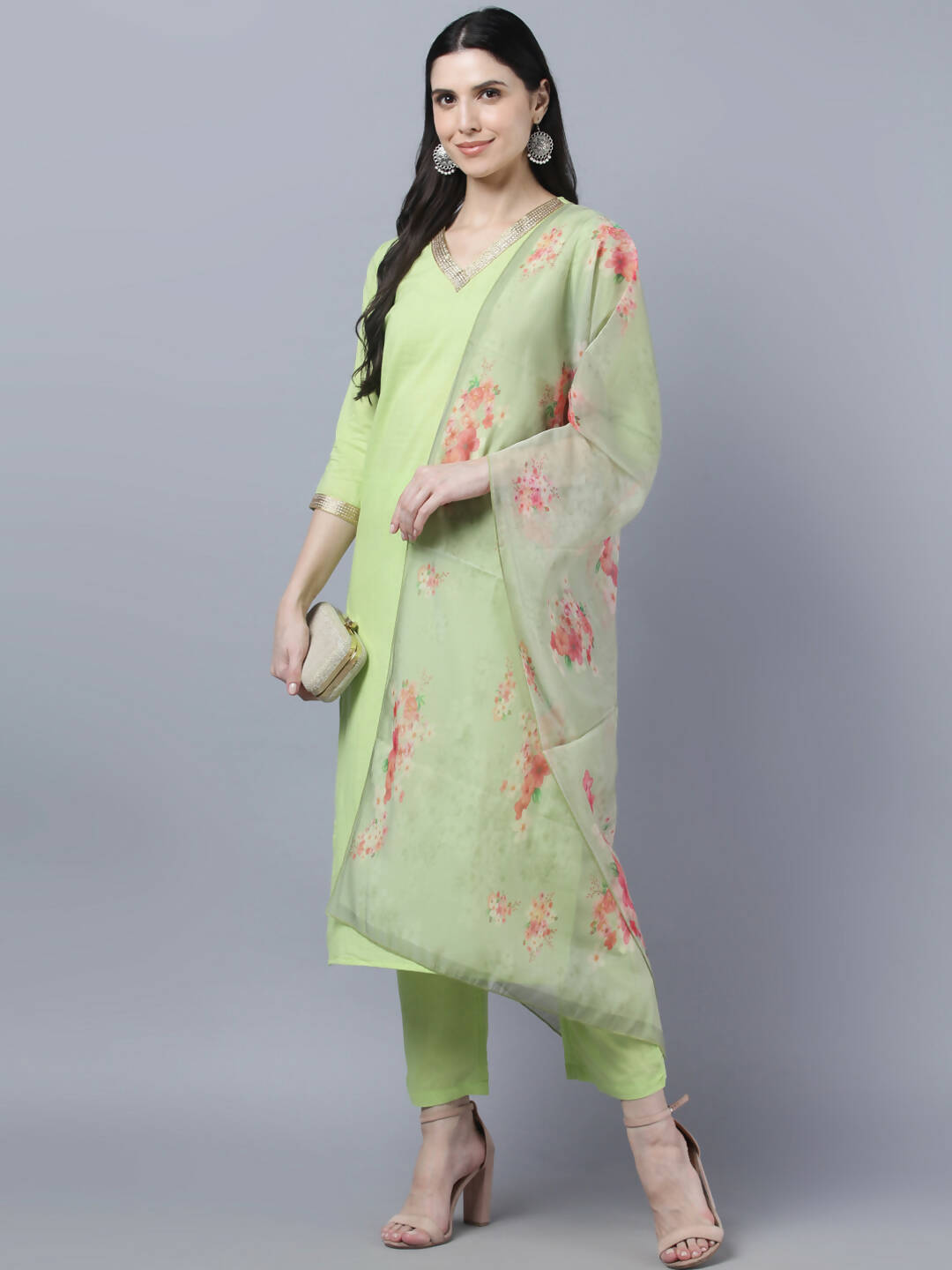 Myshka Women Green Regular Pure Cotton Kurta with Trousers With Dupatta Set - Distacart