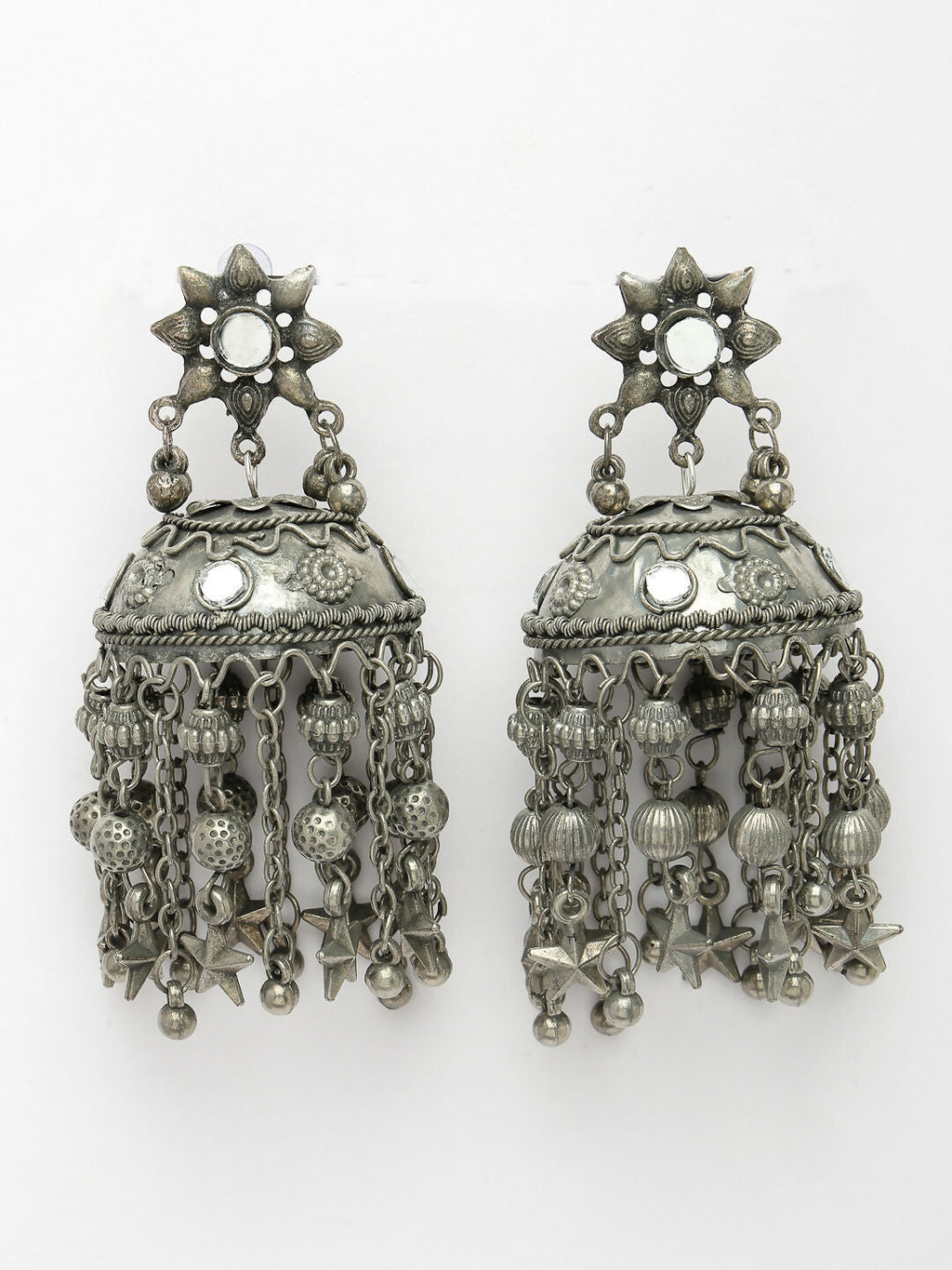 NVR Women's Silver Plated Mirror Work Oxidised Contemporary Jhumka Earrings - Distacart