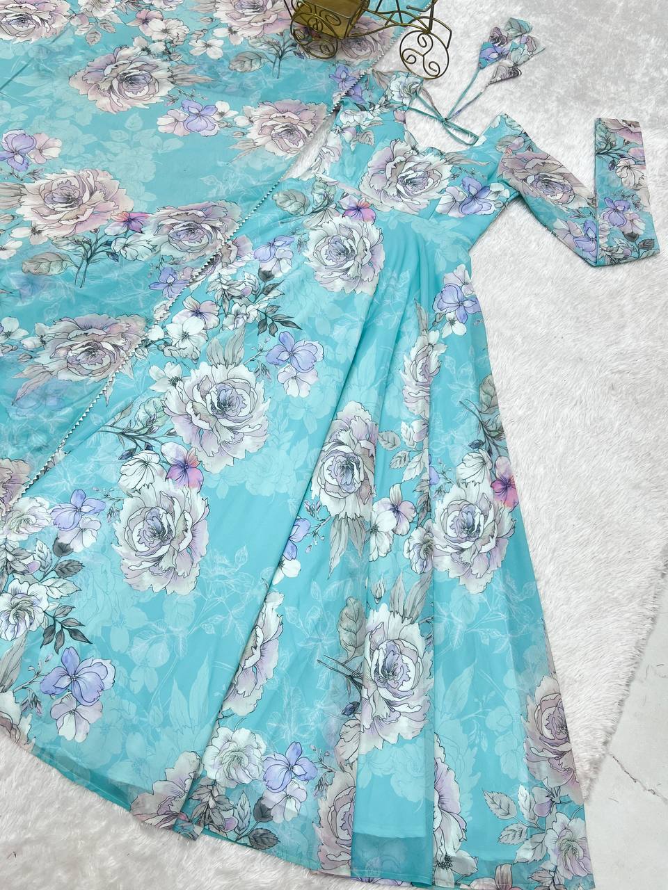 Evanik Skyblue Georgette Floral Print Fully Flair Gown Dupatta Ready To Wear - Distacart