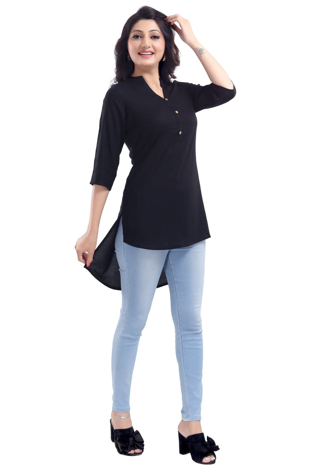 Snehal Creations Beauteous Black Button Down Styled Rayon Kurti For Women - Distacart
