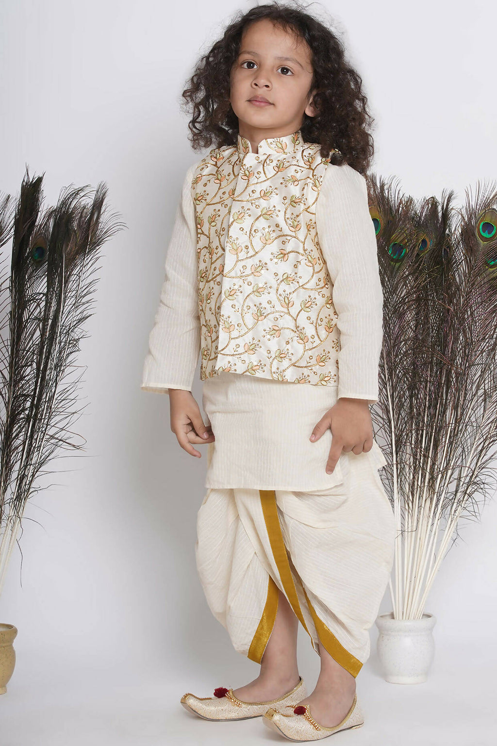 Little Bansi Banarsi Silk Floral Embroidery Jacket With Cotton Kantha kurta And Kantha Dhoti - Cream