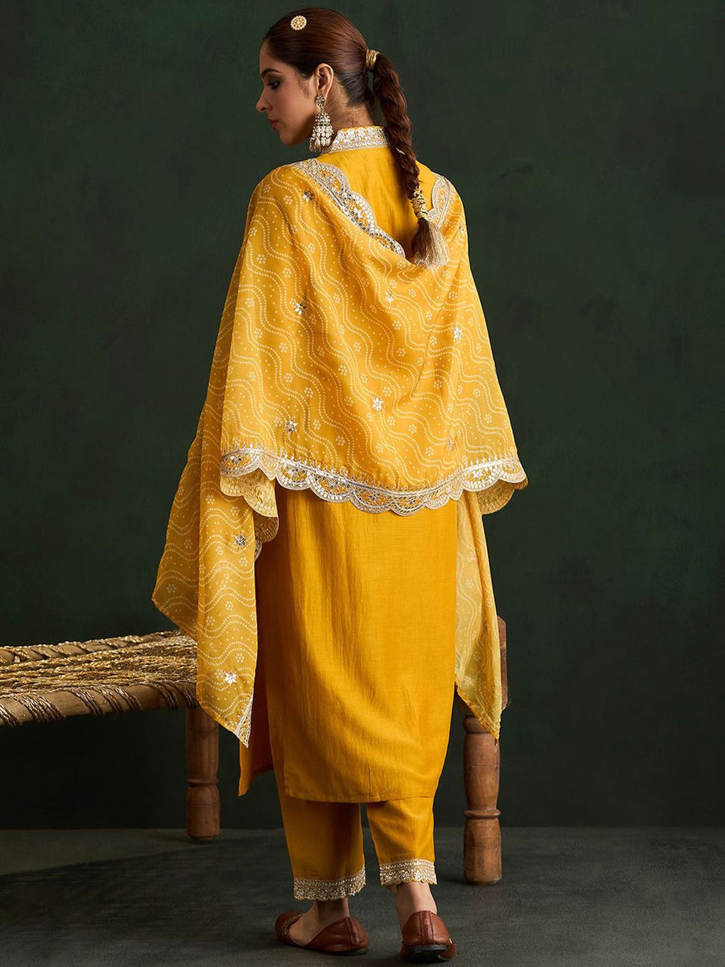 Indo Era Mustard Yellow Floral Embroidered V-Neck Straight Kurta with Trousers & Dupatta - Distacart