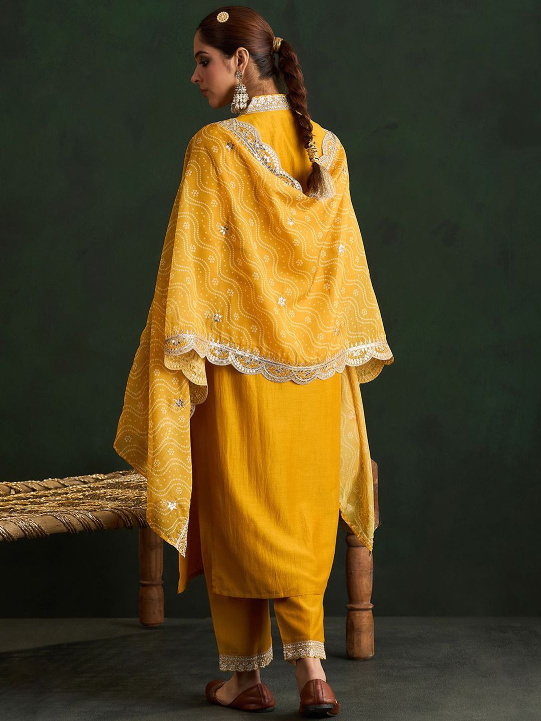 Indo Era Mustard Yellow Floral Embroidered V-Neck Straight Kurta with Trousers & Dupatta - Distacart
