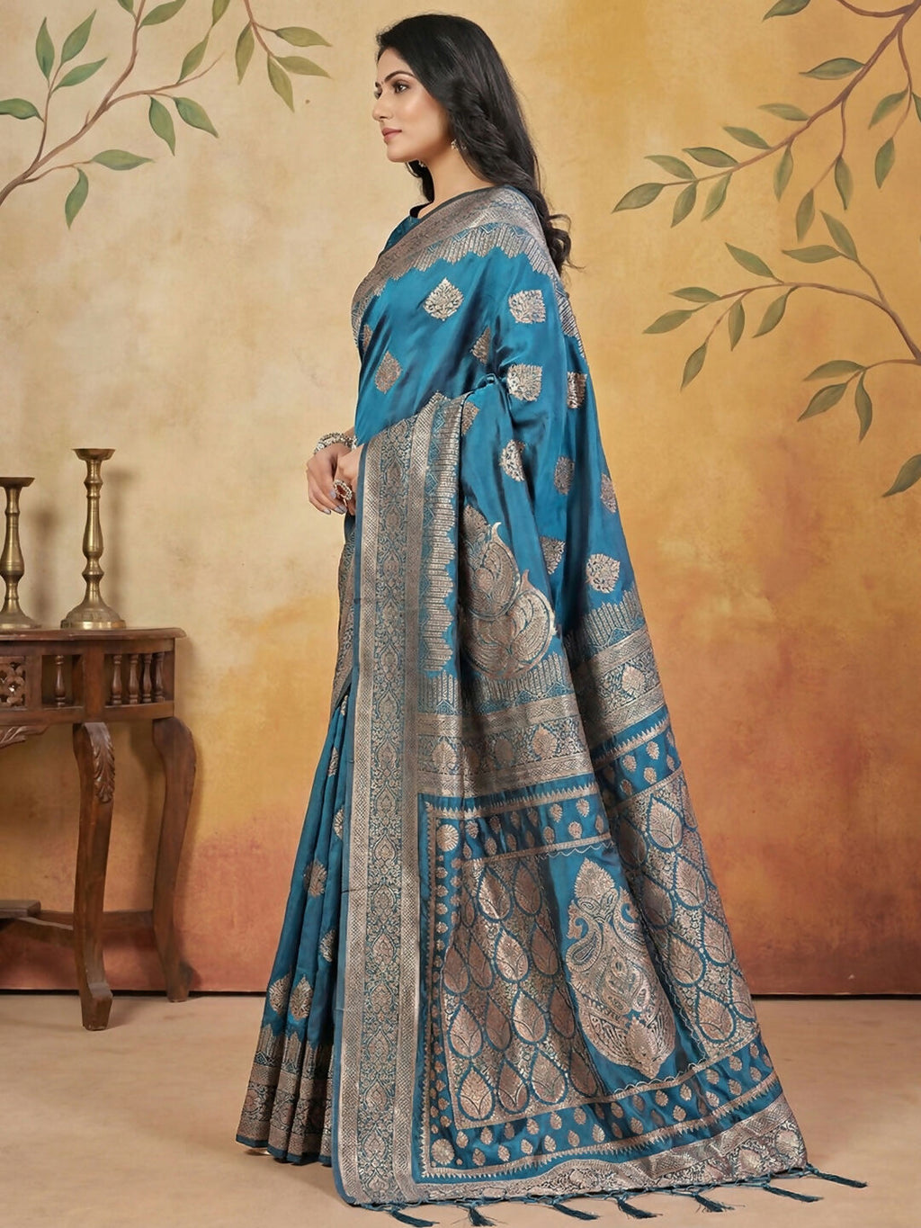 Shree Shyam Fashion Teal Silk Blend Saree - Distacart