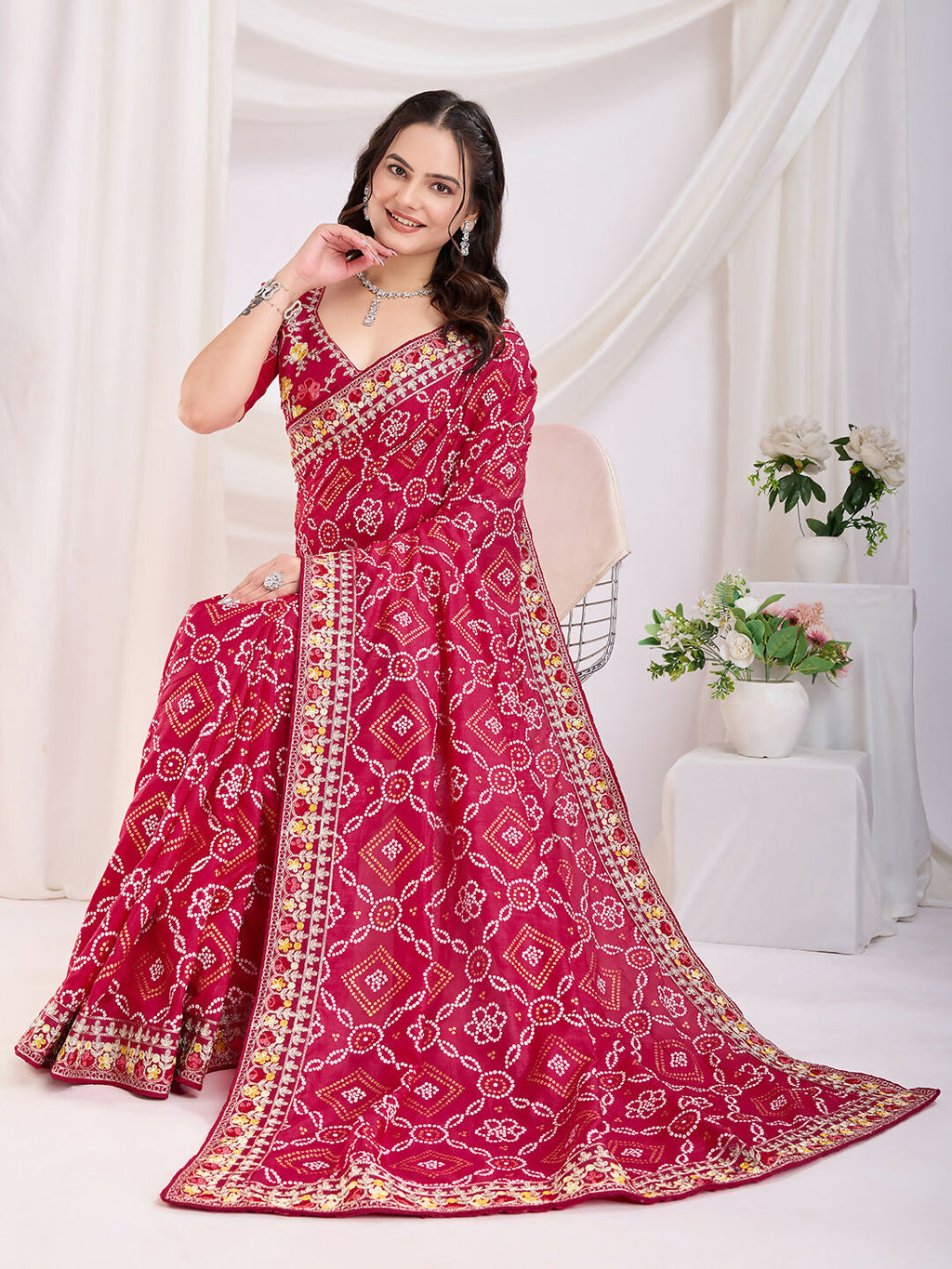 Red Vichitra Silk Bandhani Printed, Embroidery Work Saree - Ditya