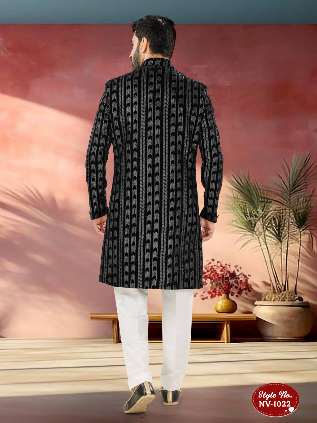 Joban Fashion Men's Black Base Straight Velvet Thread And Sequence Embroidary All Over Indo-Western Kurta Set