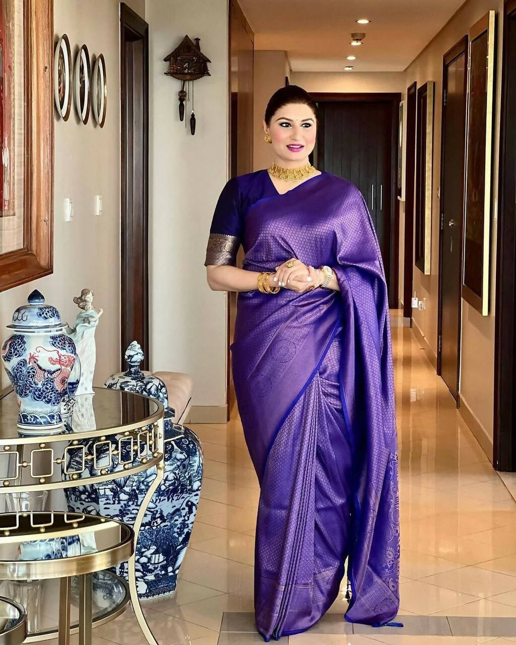 DEIANA'S Beautiful Designer Golden zari Soft Lichi Silk Saree - Blue