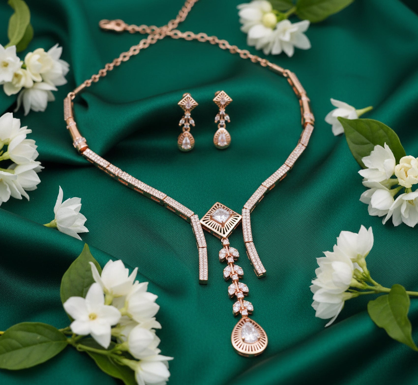 Jewel City Exquisite Rose Gold Plated American Diamond Necklace Set
