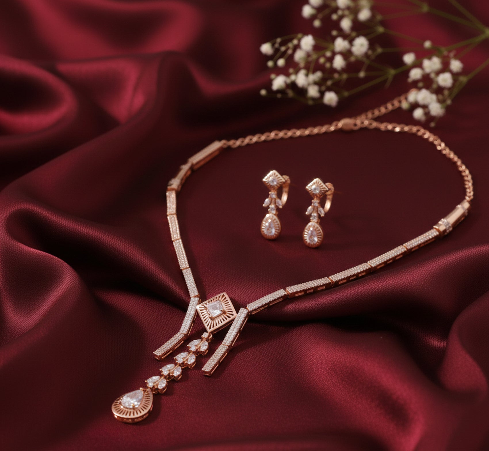 Jewel City Exquisite Rose Gold Plated American Diamond Necklace Set