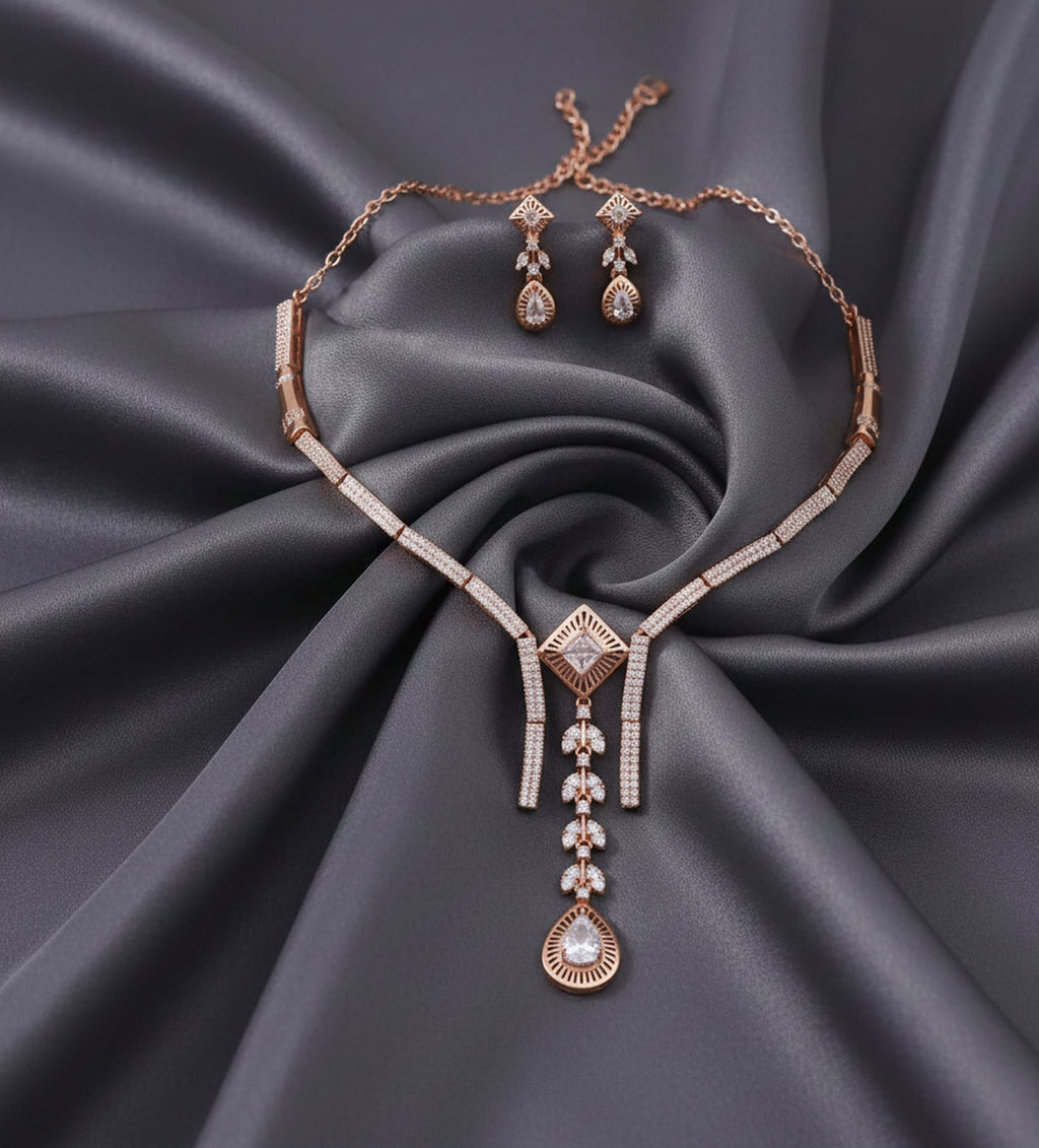Jewel City Exquisite Rose Gold Plated American Diamond Necklace Set