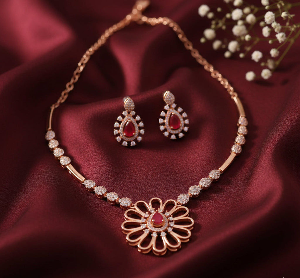 Jewel City Exquisite Rose Gold Plated American Diamond Necklace Set