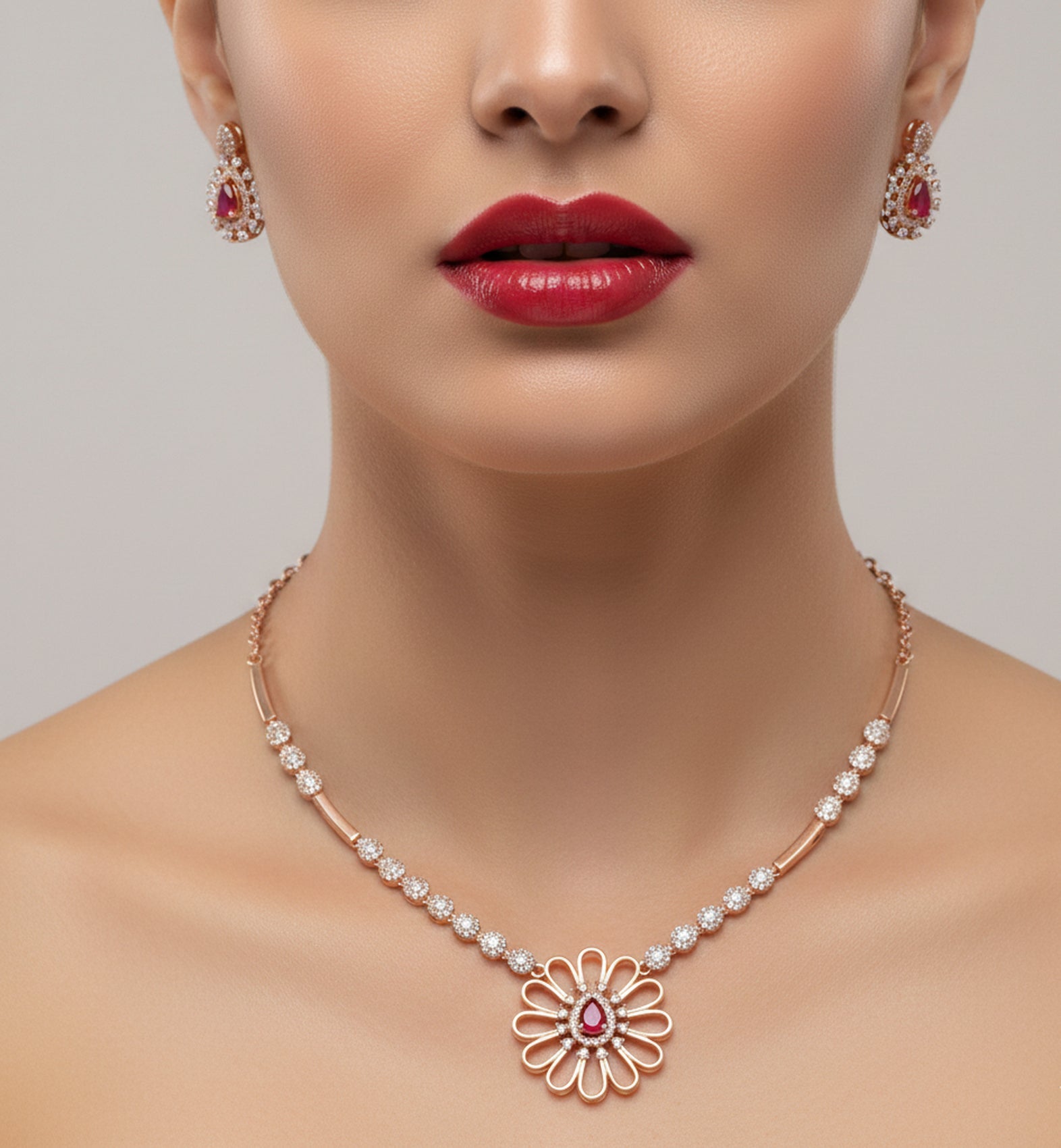 Jewel City Exquisite Rose Gold Plated American Diamond Necklace Set