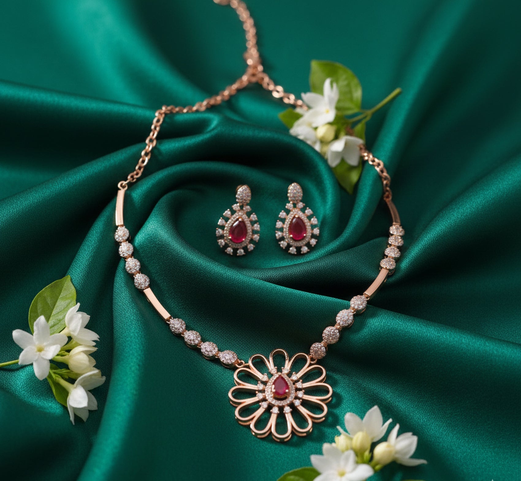 Jewel City Exquisite Rose Gold Plated American Diamond Necklace Set