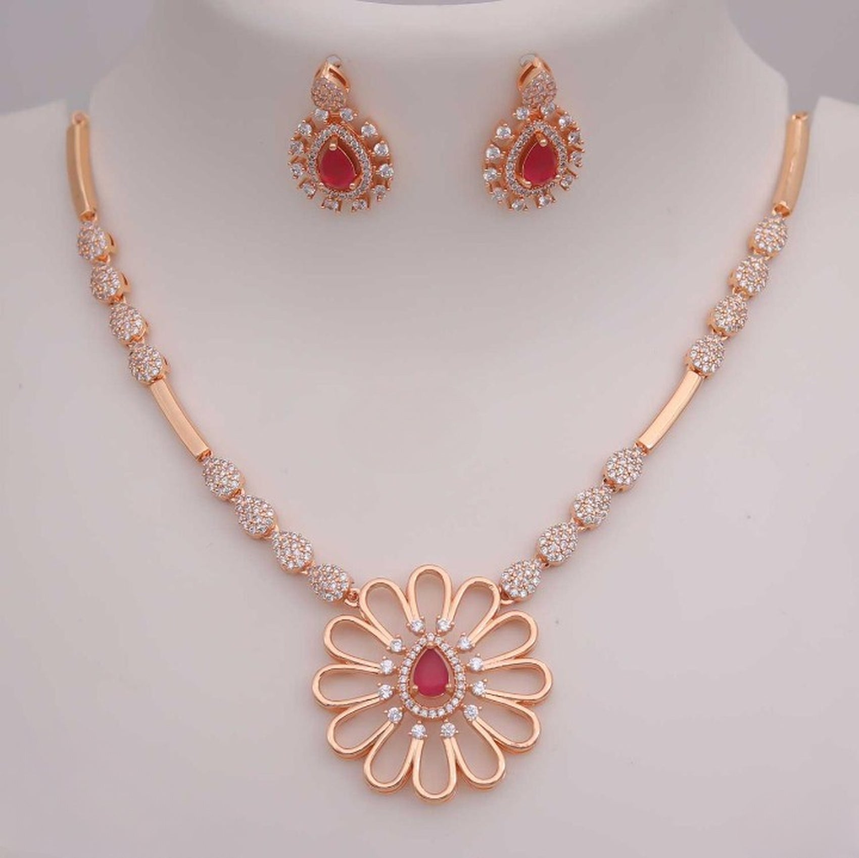 Jewel City Exquisite Rose Gold Plated American Diamond Necklace Set