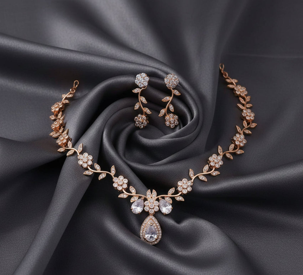 Jewel City Exquisite Rose Gold Plated White American Diamond Necklace Set