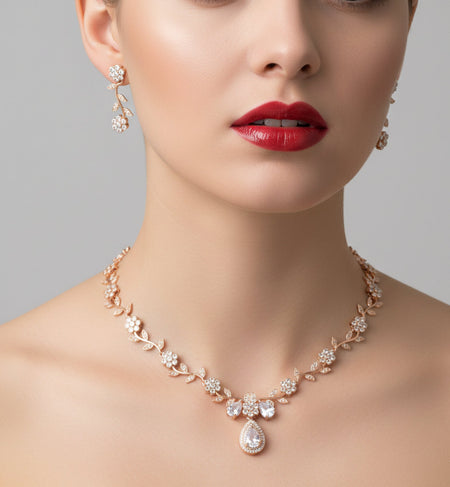 Jewel City Exquisite Rose Gold Plated White American Diamond Necklace Set