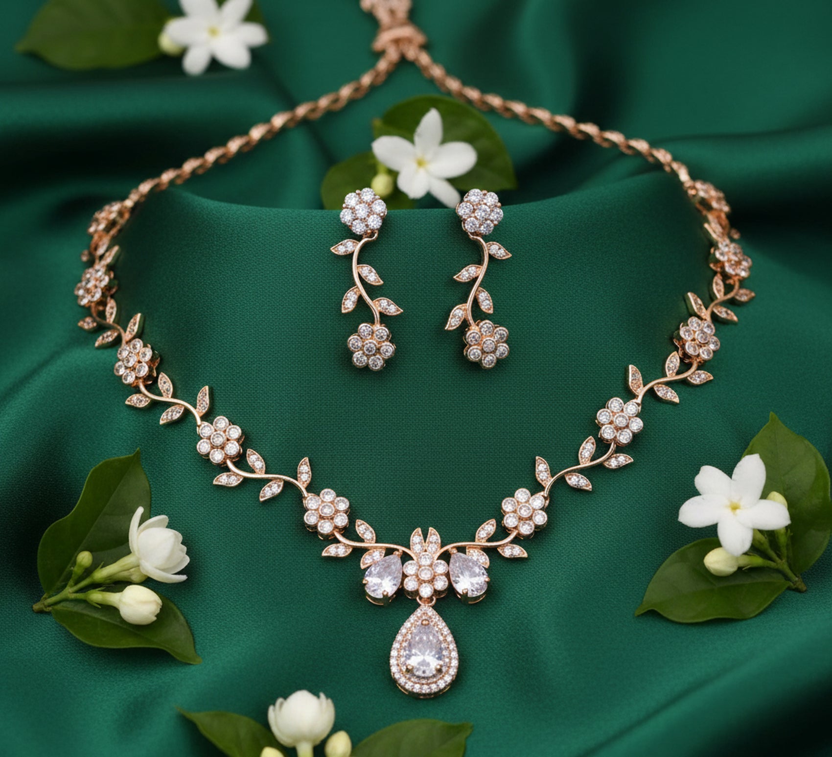 Jewel City Exquisite Rose Gold Plated White American Diamond Necklace Set