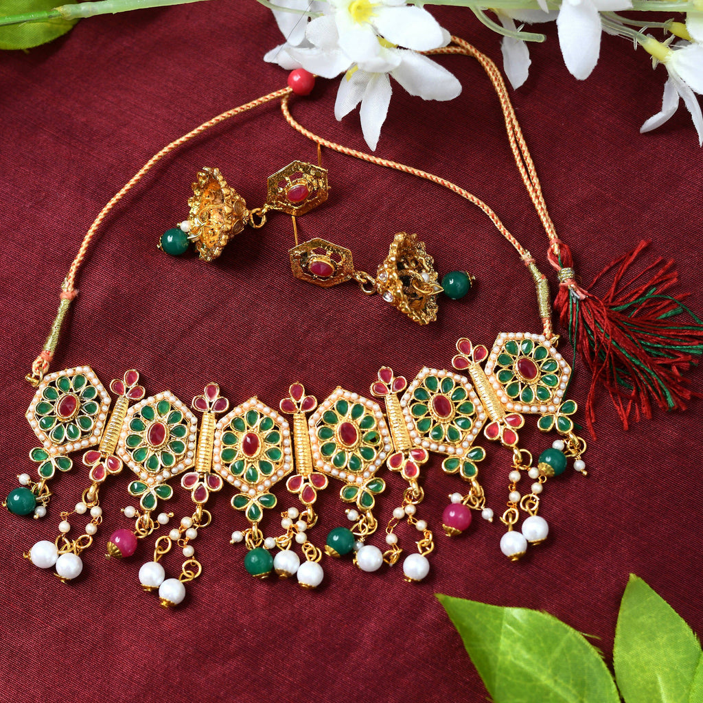 Mominos Fashion Johar Kamal Women Gold-Plated Brass Finish Meena & Pearls Work Choker - Distacart