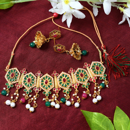 Mominos Fashion Johar Kamal Women Gold-Polished Brass Finish Meena & Pearls Work Choker