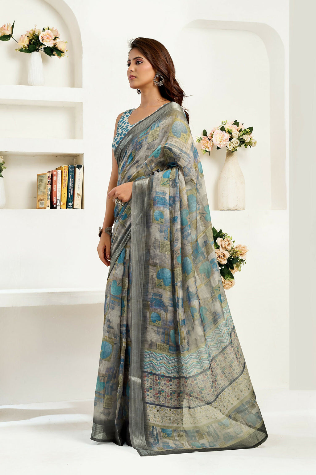 Joban Fashion  Dusty Brown Floral & Ethnic Motifs Linen Ready To Wear Saree With Unstitched Blouse - Distacart