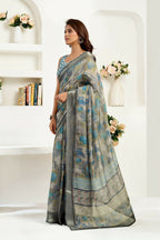 Joban Fashion  Dusty Brown Floral & Ethnic Motifs Linen Ready To Wear Saree With Unstitched Blouse - Distacart