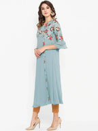 Janasya Blue Floral Embroidered Flared Sleeves Thread Work Crepe Anarkali Kurta - Distacart