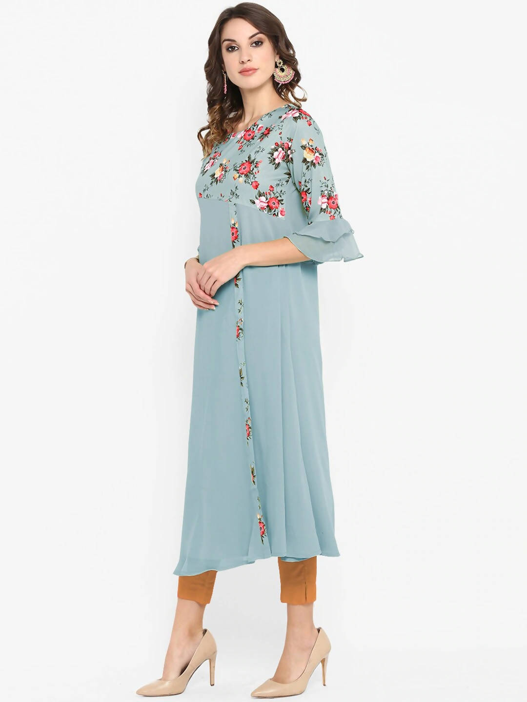 Janasya Blue Floral Embroidered Flared Sleeves Thread Work Crepe Anarkali Kurta - Distacart