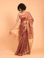 Suta Pink Golden Solid Zari Pure Linen Saree - Distacart