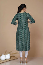 Miravan Women's Rayon Bandhani Print Straight Kurta Green