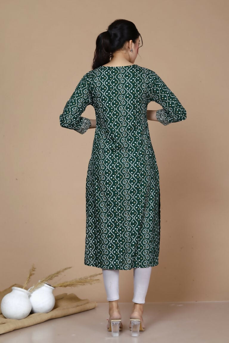 Miravan Women's Rayon Bandhani Print Straight Kurta Green