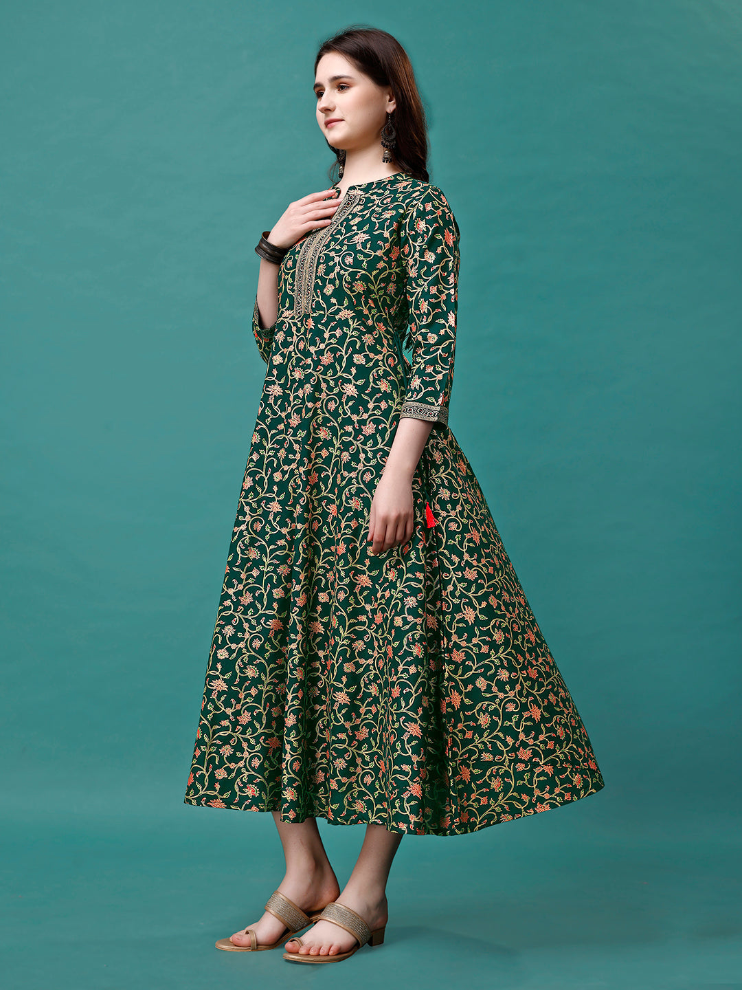 Floral Printed Rayon Flared Dress Kurta, Multicolor - Hiral Fashion