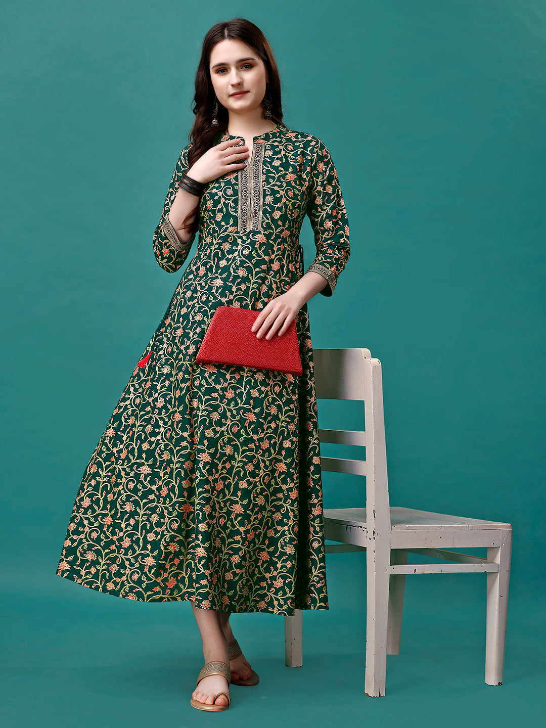 Floral Printed Rayon Flared Dress Kurta, Multicolor - Hiral Fashion