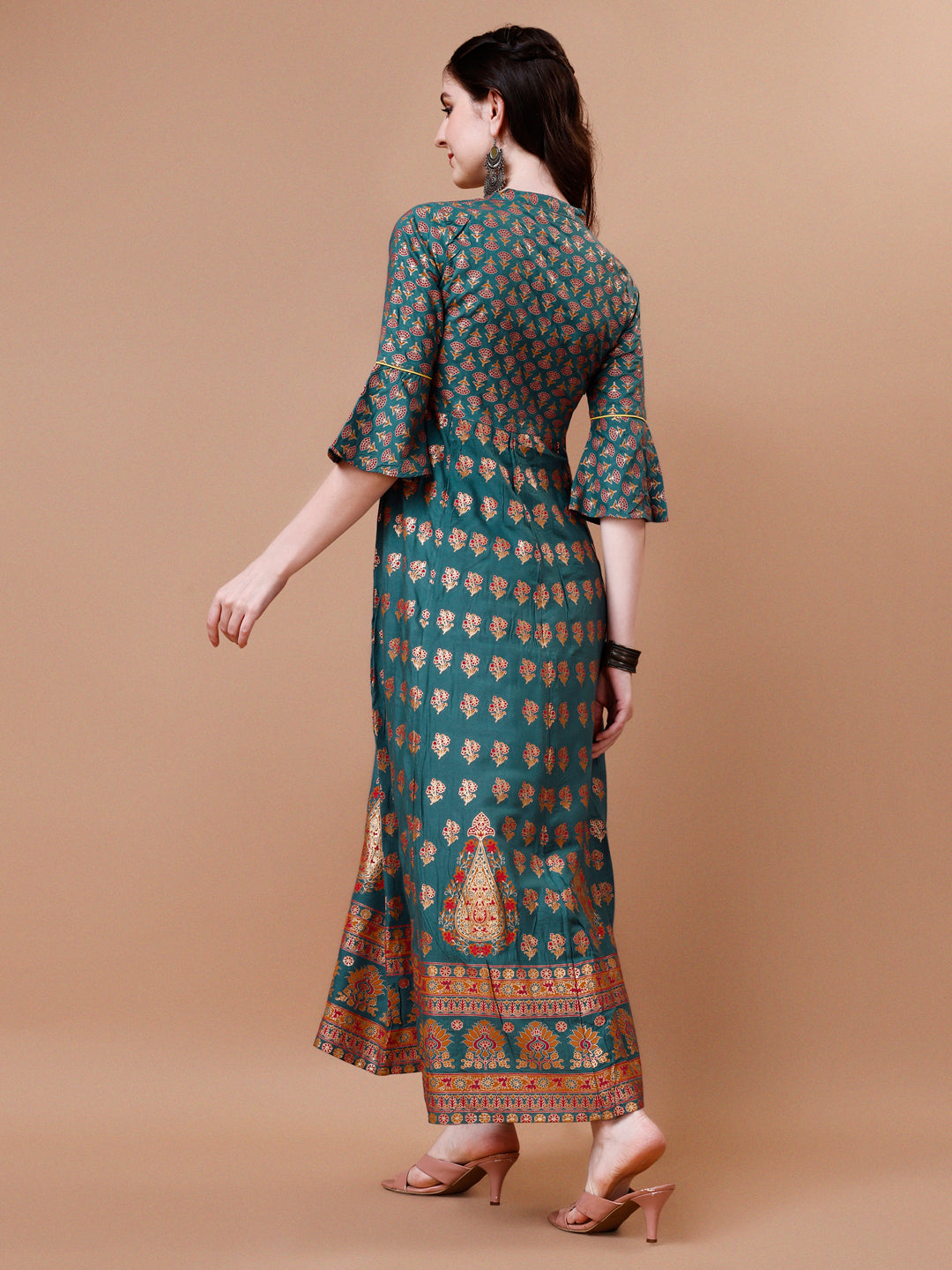 Rayon Ethnic Motifs Printed Flared Kurta, Multicolor - Hiral Fashion - Distacart