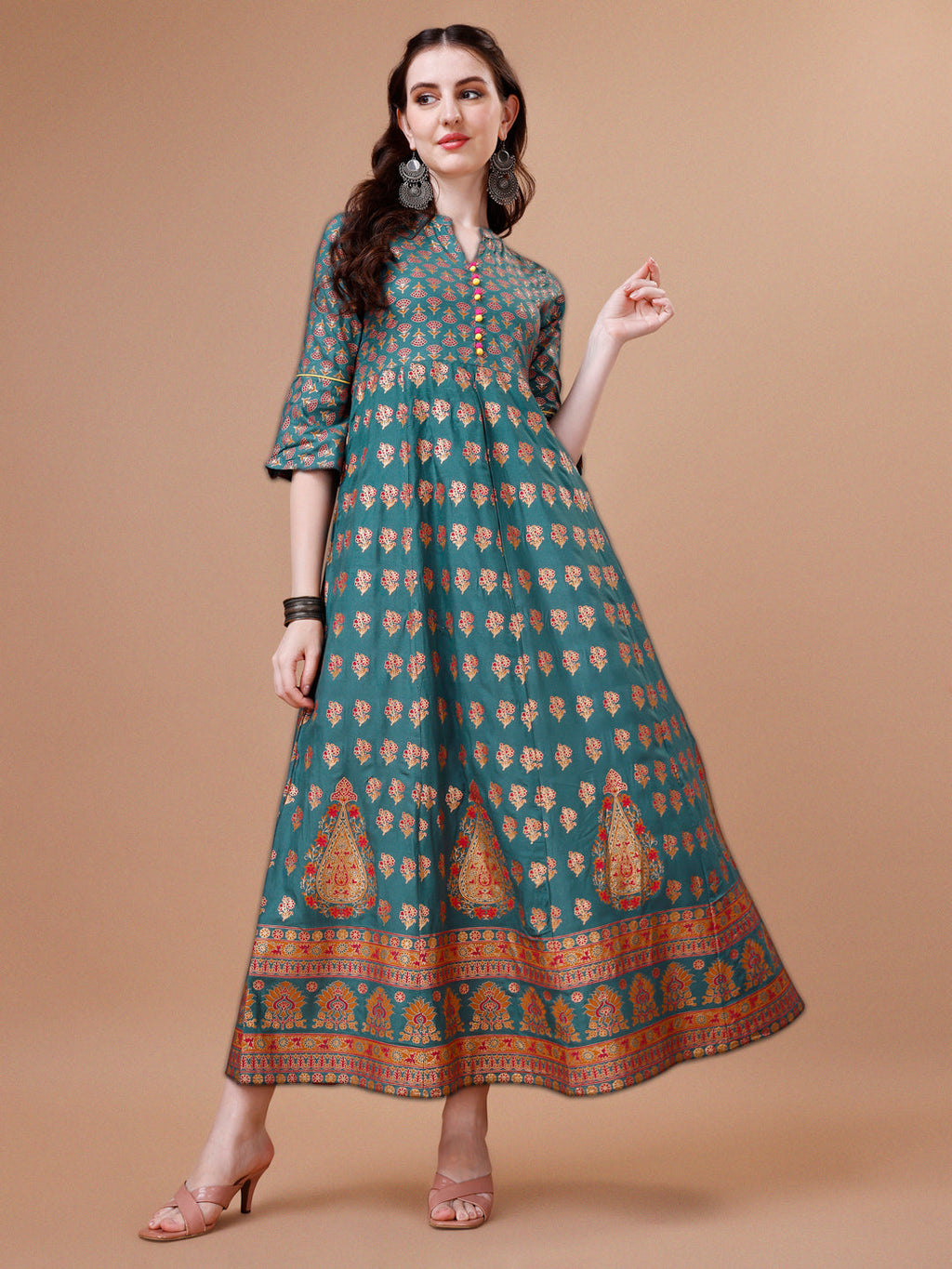 Rayon Ethnic Motifs Printed Flared Kurta, Multicolor - Hiral Fashion - Distacart