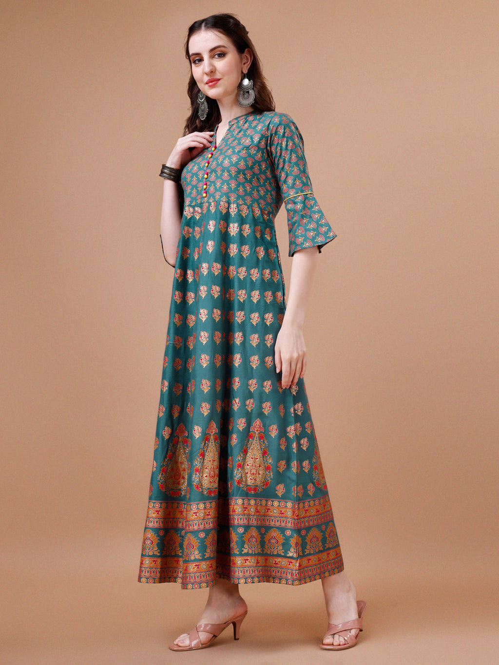 Rayon Ethnic Motifs Printed Flared Kurta, Multicolor - Hiral Fashion - Distacart