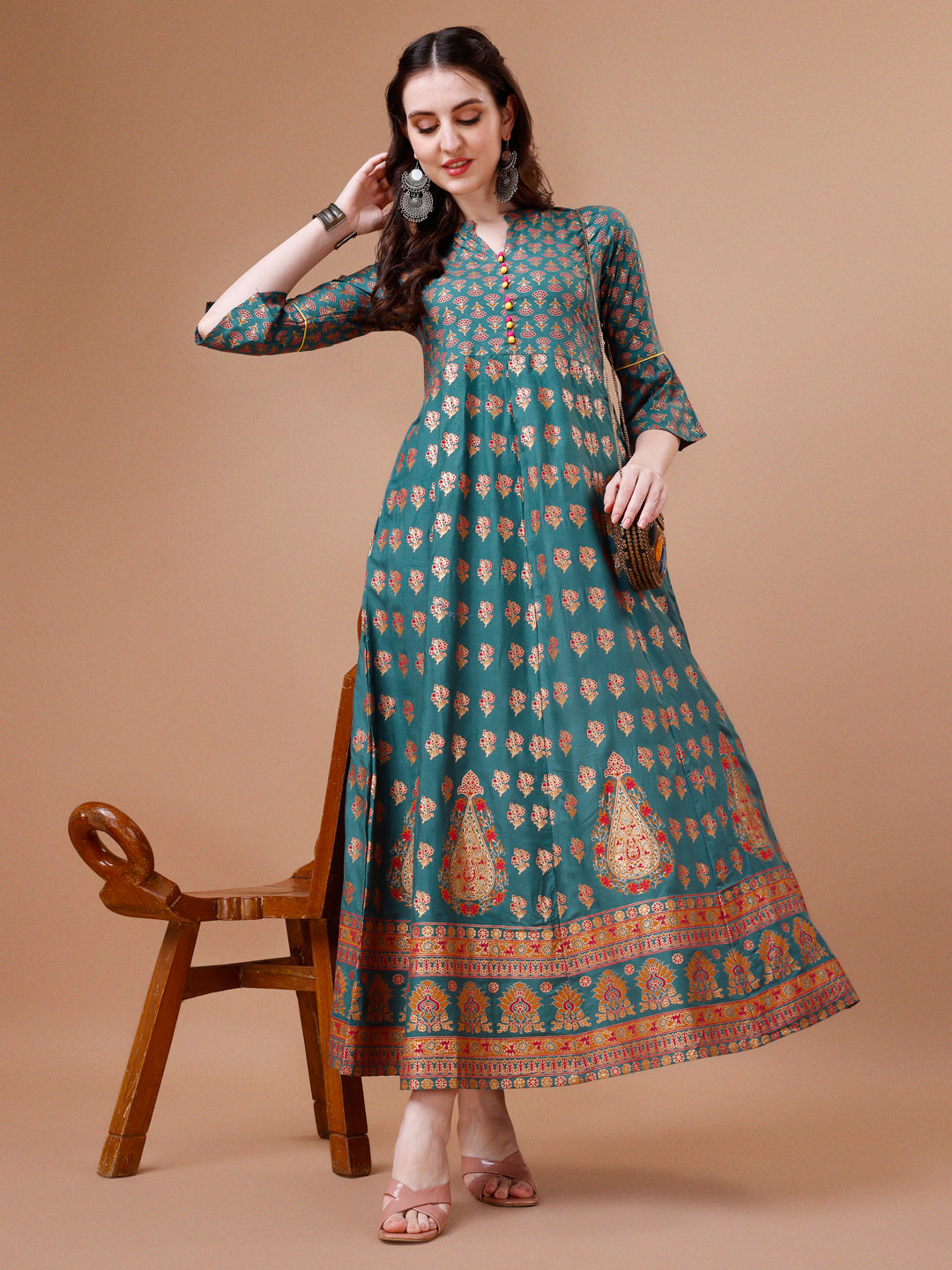 Rayon Ethnic Motifs Printed Flared Kurta, Multicolor - Hiral Fashion - Distacart