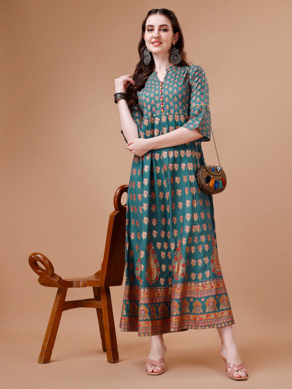 Rayon Ethnic Motifs Printed Flared Kurta, Multicolor - Hiral Fashion - Distacart
