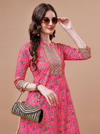 Printed Full Neck Pink Rayon Ethnic Dress, Multicolor - Hiral Fashion - Distacart