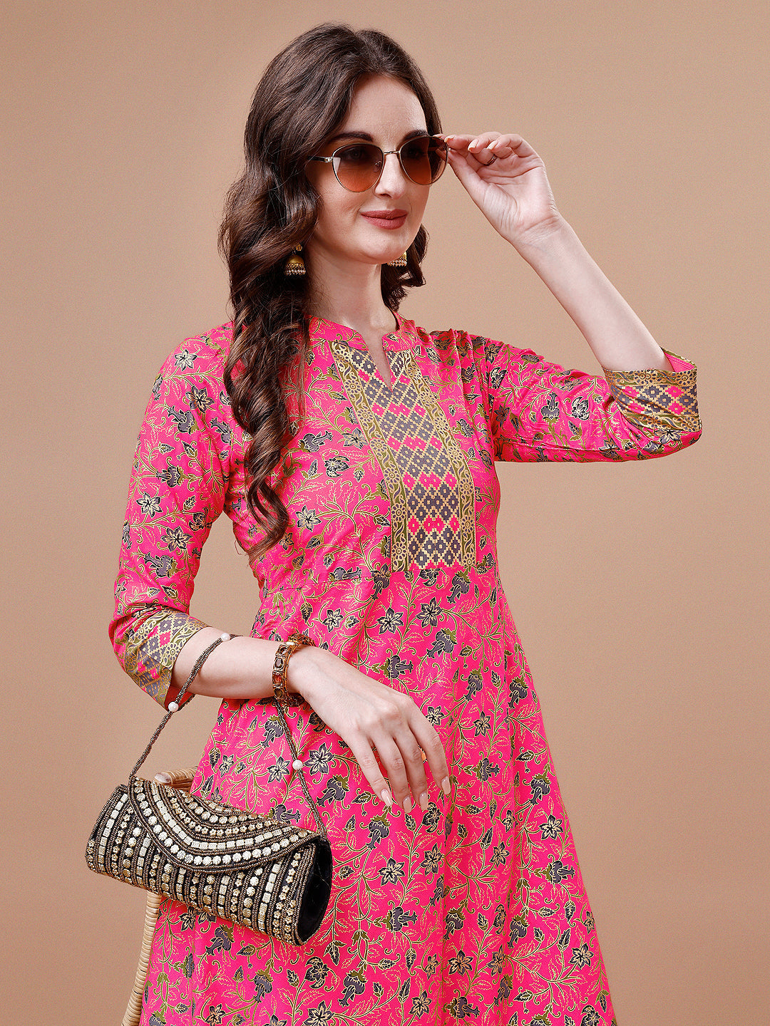 Printed Full Neck Pink Rayon Ethnic Dress, Multicolor - Hiral Fashion - Distacart