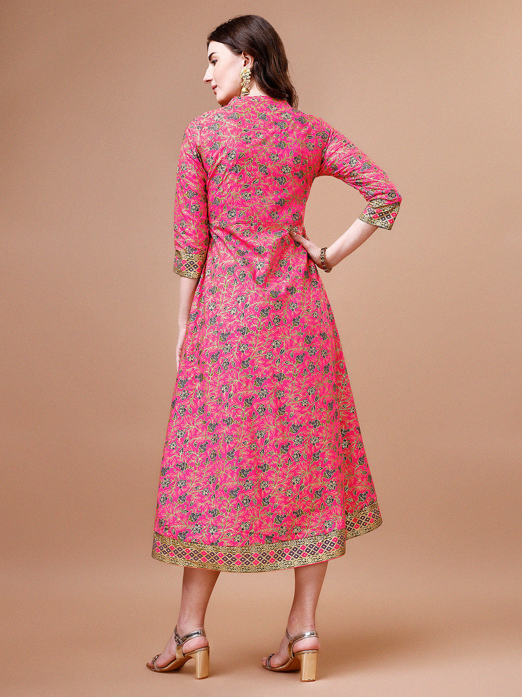 Printed Full Neck Pink Rayon Ethnic Dress, Multicolor - Hiral Fashion - Distacart