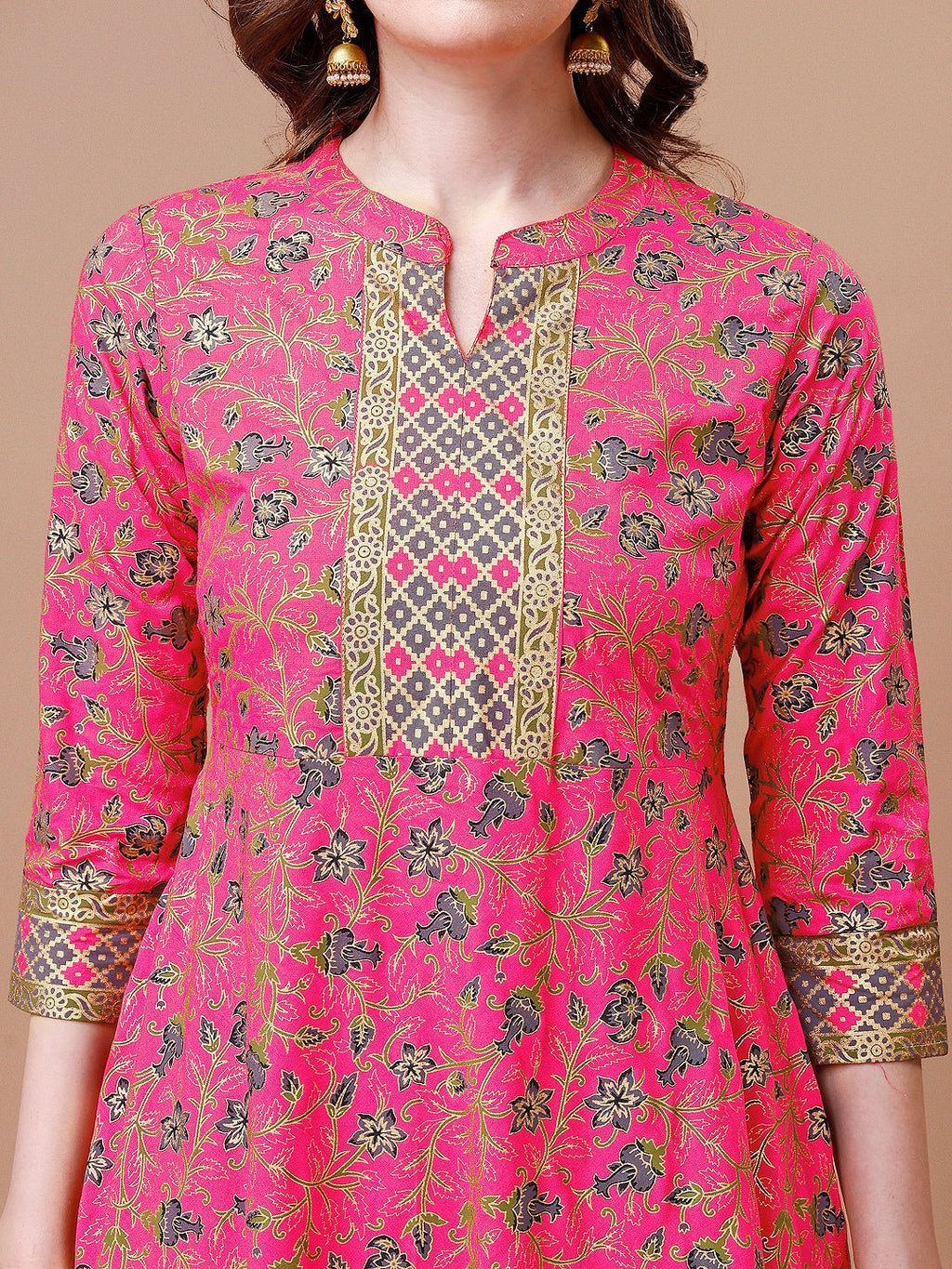 Printed Full Neck Pink Rayon Ethnic Dress, Multicolor - Hiral Fashion - Distacart