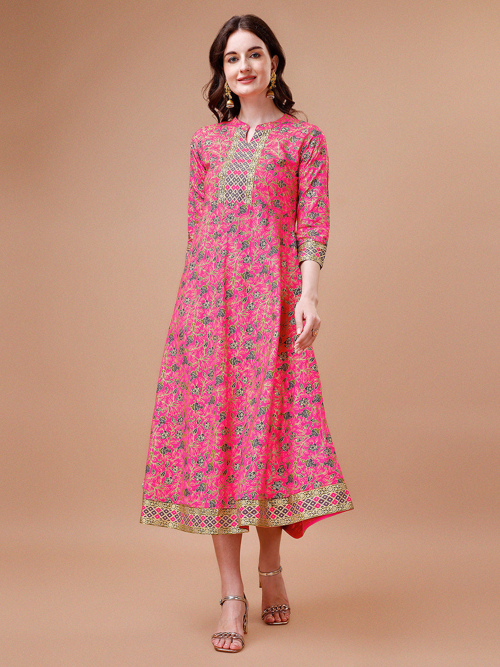 Printed Full Neck Pink Rayon Ethnic Dress, Multicolor - Hiral Fashion - Distacart