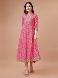 Printed Full Neck Pink Rayon Ethnic Dress, Multicolor - Hiral Fashion - Distacart