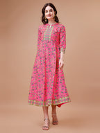 Printed Full Neck Pink Rayon Ethnic Dress, Multicolor - Hiral Fashion - Distacart
